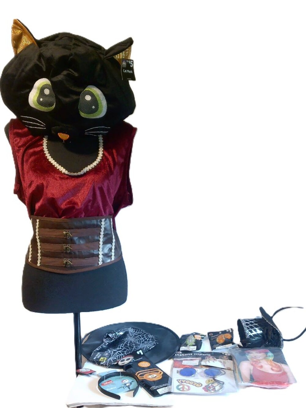 Halloween Costume & Accessory Lot – Cat Mask, Velvet Top, Corset Belt, Metallic